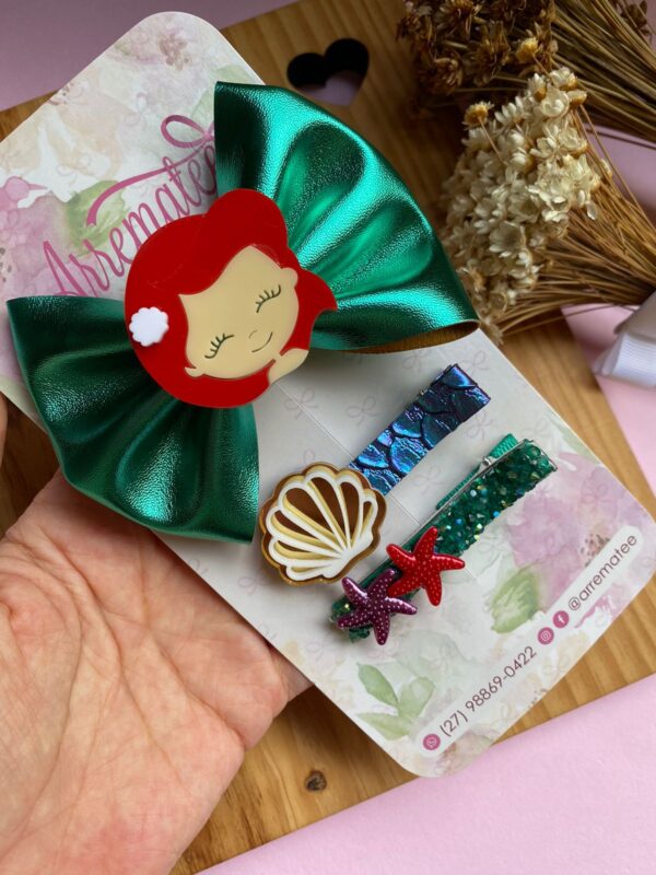 Kit Ariel - Laço e Hair Clips Temáticos