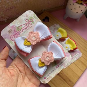 Duplinha Caroline Flor Bordada - Branca E Rosa