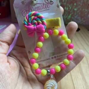Kit Temático - Pirulito Rosa - Hair Clips e Pulseira