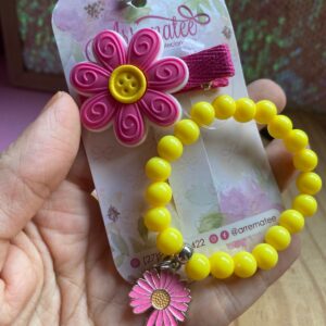 Kit Temático - Flor Rosa - Hair Clips e Pulseira